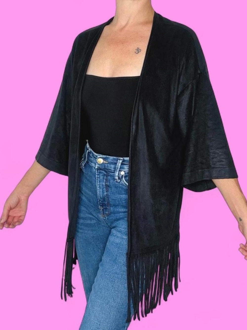 Express Faux Suede Bohemian Festival Fringe Open Cardigan